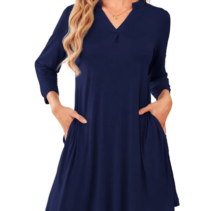 ZENNILO Women’s 3/4 Sleeve Dress V Neck Plus Size Tshirt Dress for Women Knee Length with Pockets Navyblue