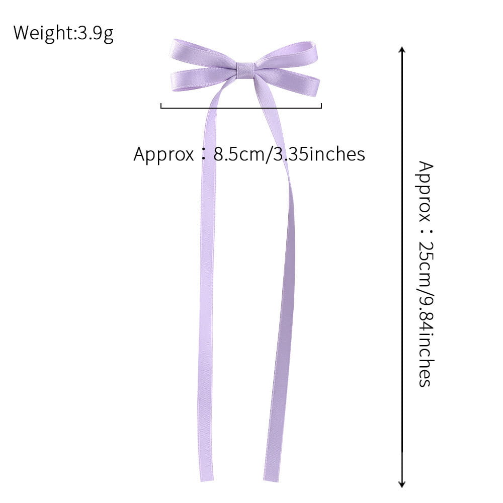 A delicate lavender satin bow braided hair ribbon with a smooth glossy finish and neatly tied loops for a hair tie double set.