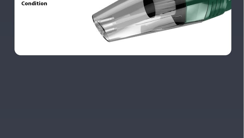 transparent plastic nozzle with green and black grip of a household small wireless green car vacuum cleaner with hose