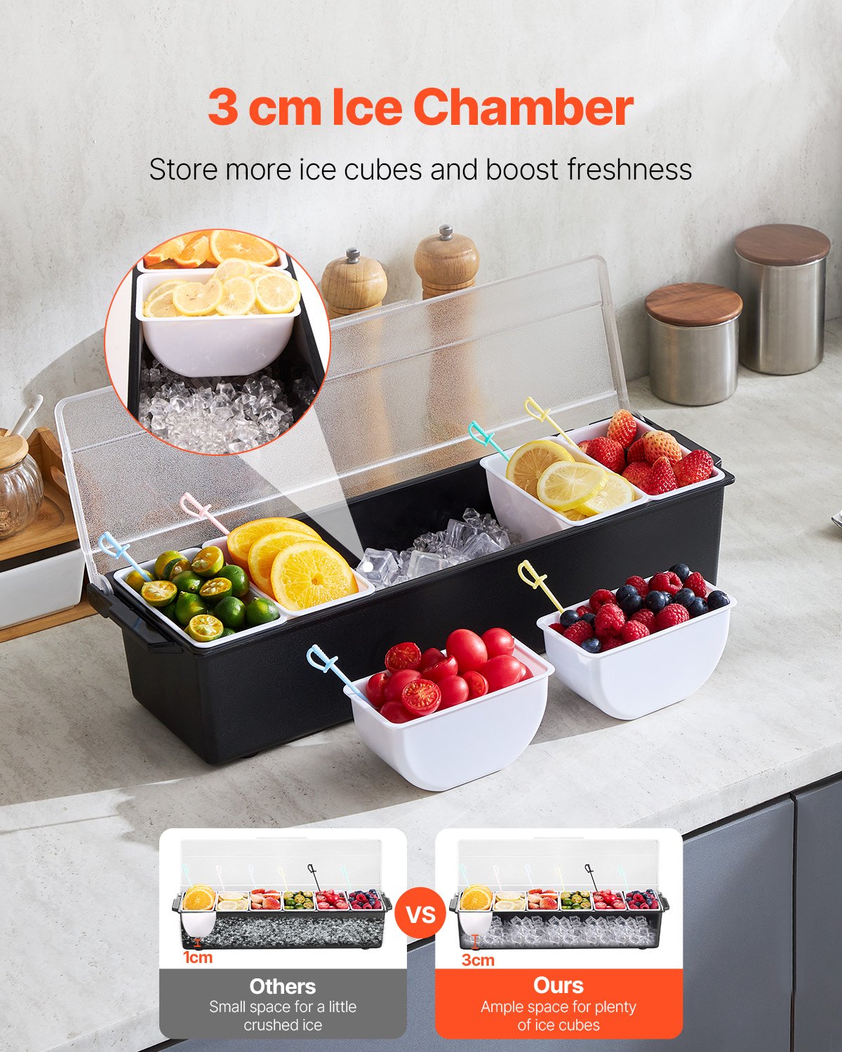 6-Compartment Chilled Serving Tray with Lid - Ice-Cooled Condiment & Fruit Server for Parties