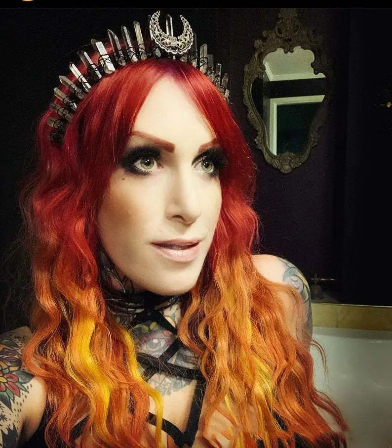 Smoky quartz crescent moon crystal crown tiara featuring a black and silver spiked design with a natural stone crescent moon centerpiece.