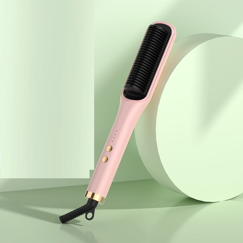 Mint green anion hair care electric straightener comb with pink and black sleek design featuring gold accents on the handle for effective care electric hair styling.