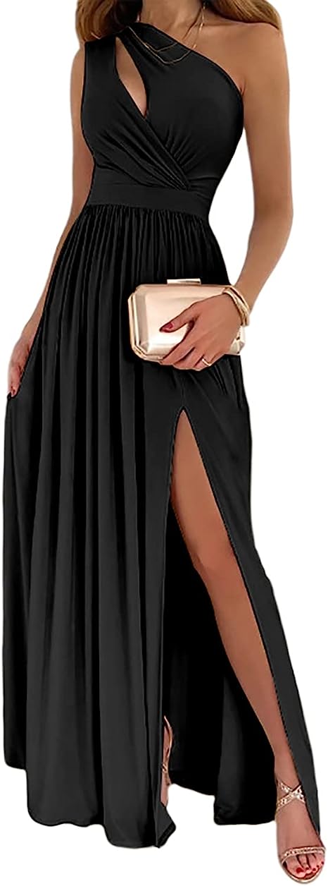 Black one shoulder cocktail maxi dress with a draped bodice and high split for elegant evening wear.