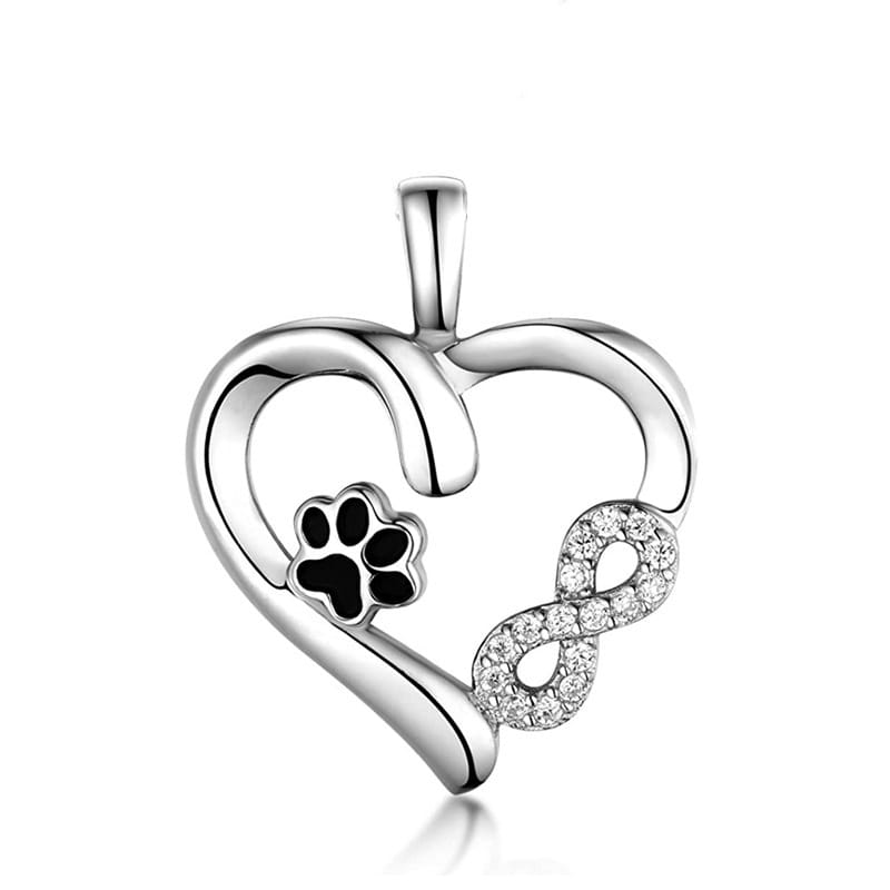 Silver s925 fashionable pet dog heart necklace pendant featuring an engraved black paw print and a sparkling infinity symbol with clear crystals