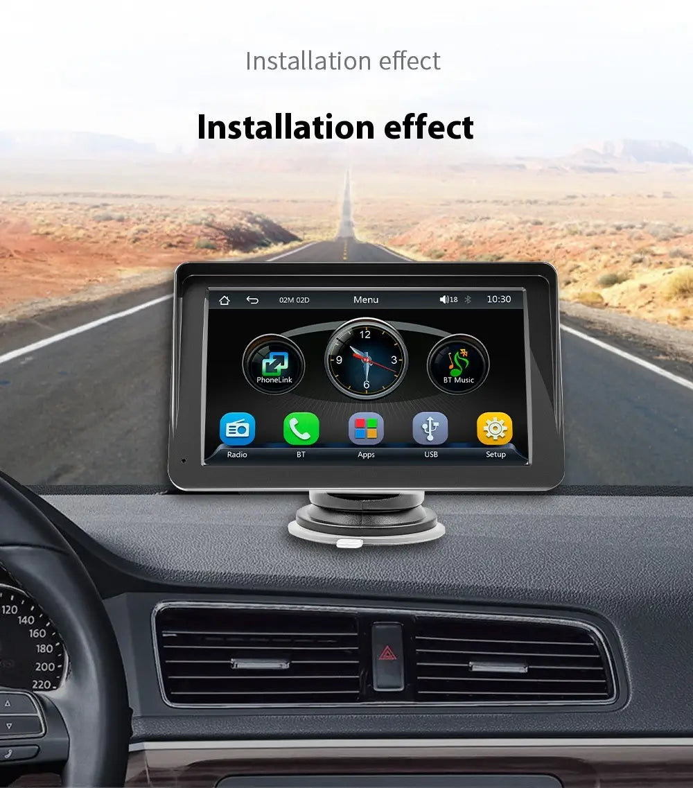Black touchscreen portable car player hd large with a 7 inch sleek large screen vehicle display and circular app icons on its modern interface