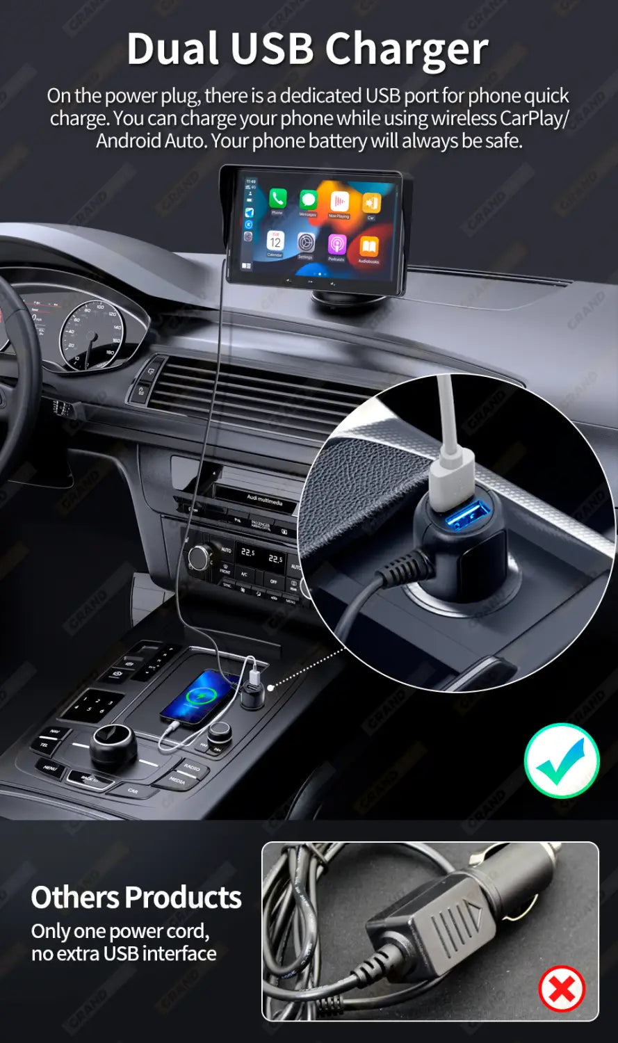 black dual usb car charger with blue illuminated ports for quick charging compatible with wireless carplay display in cigarette lighter for car wireless carplay use