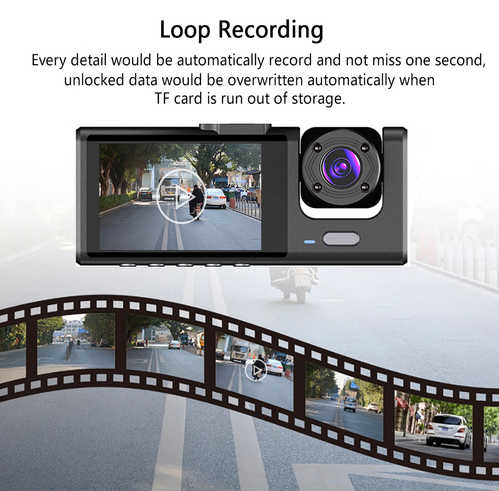 3-Channel HD 1080P Car Dash Cam, Front, Rear and Cabin Recording with G-Sensor