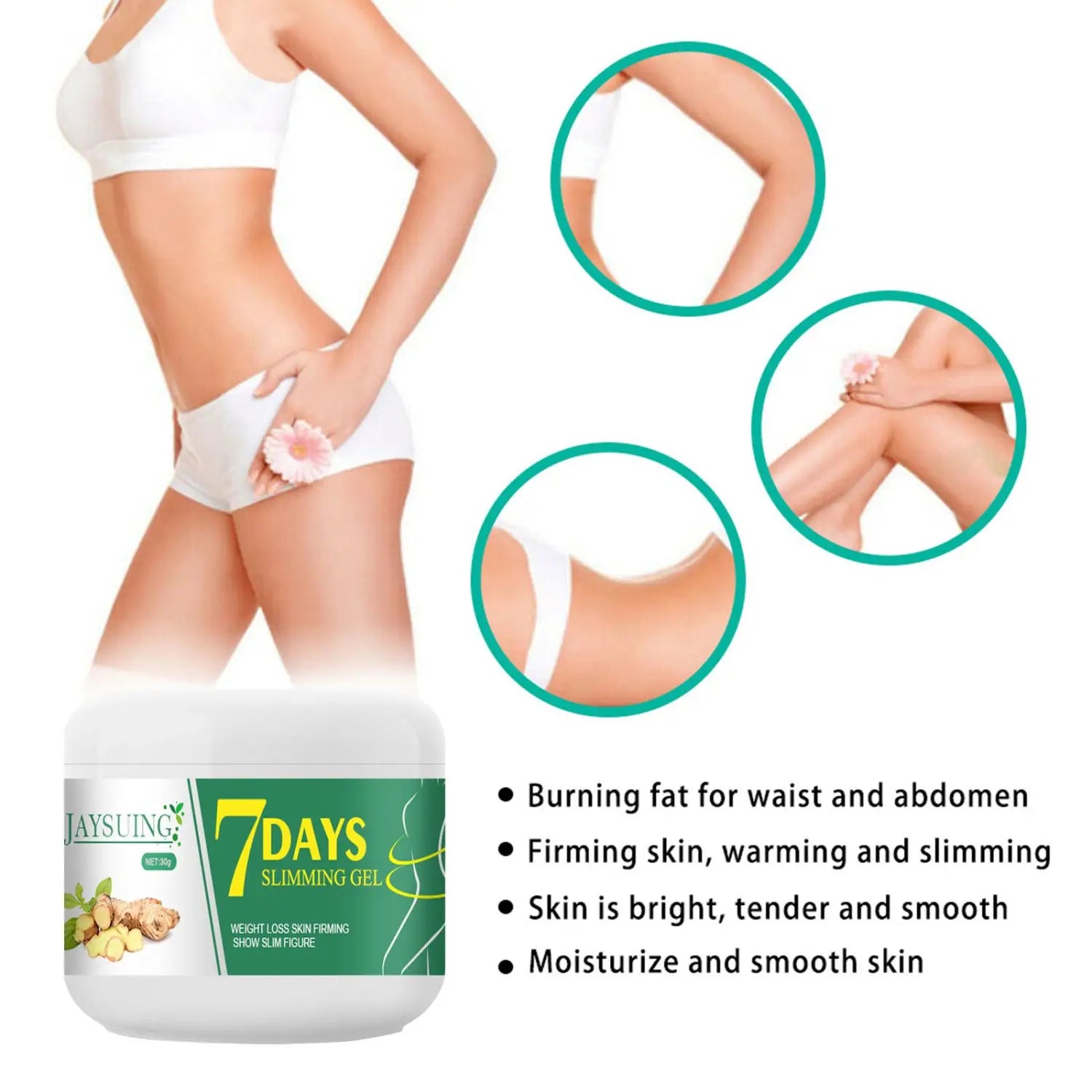 white jar of Jaysuing 7 days slimming cream with green label and ginger illustrations designed for Jaysuing ginger abdominal shrinking and slimming cream use