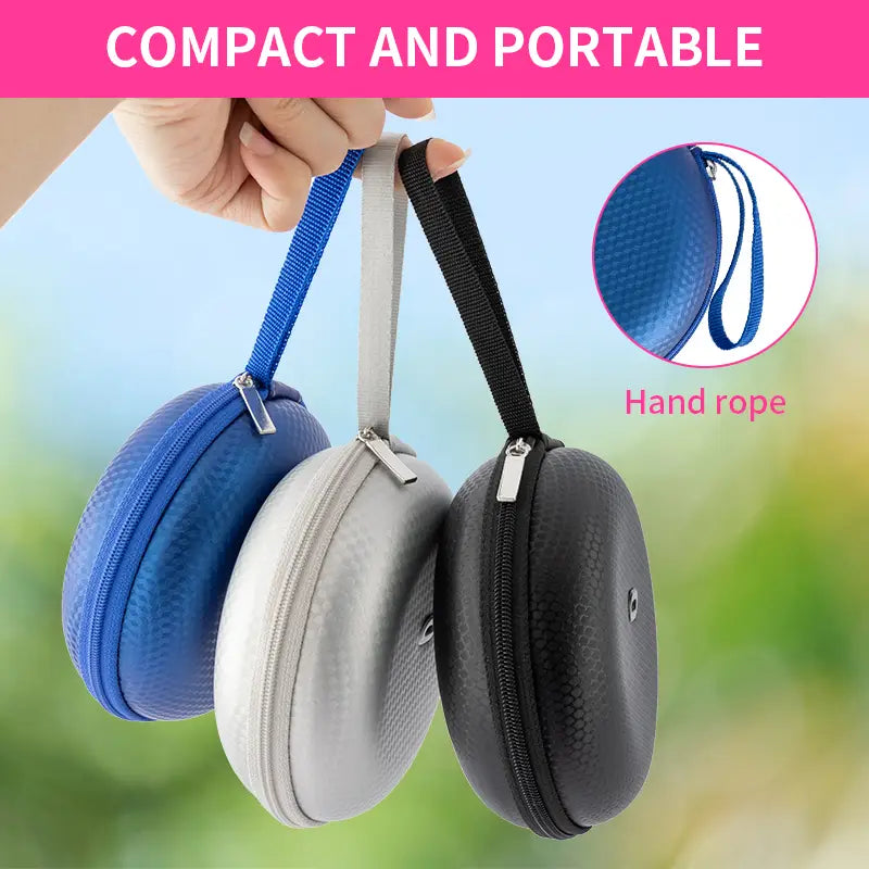 compact portable round bag blue and silver circular cases with textured surfaces and zipper closures for mirror storage
