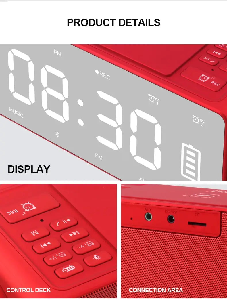red digital alarm clock with integrated speaker and control buttons from the s91s fashion wireless bluetooth speaker clock series