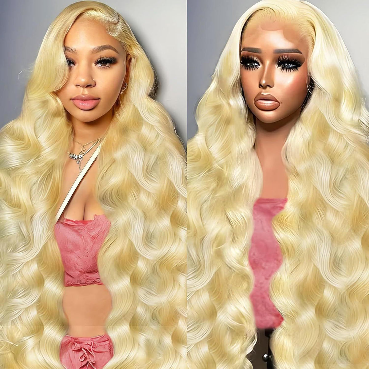 Golden long curly synthetic lace front wig with side bangs – view 2