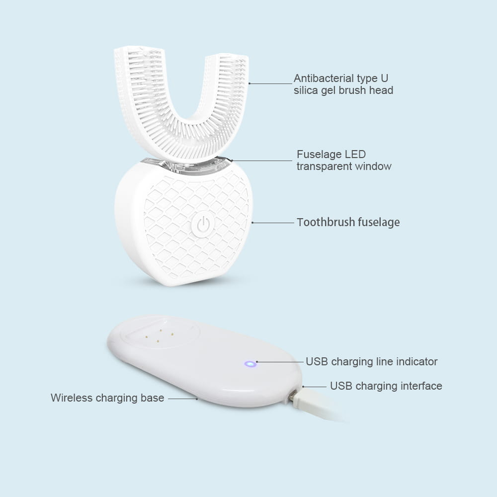 white ultrasonic electric toothbrush automatic tooth cleaner with u-shaped design antibacterial silica gel bristles and heart-patterned charging base