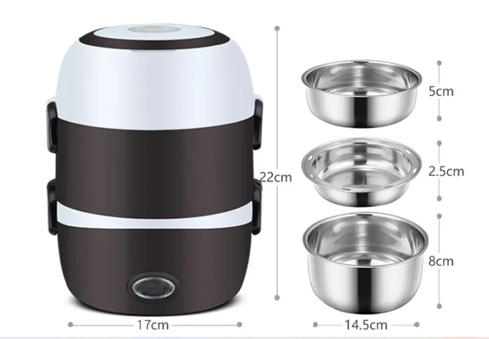 black and white electric multi-function lunch box with stainless steel bowls and multiple compartments for convenient meal storage
