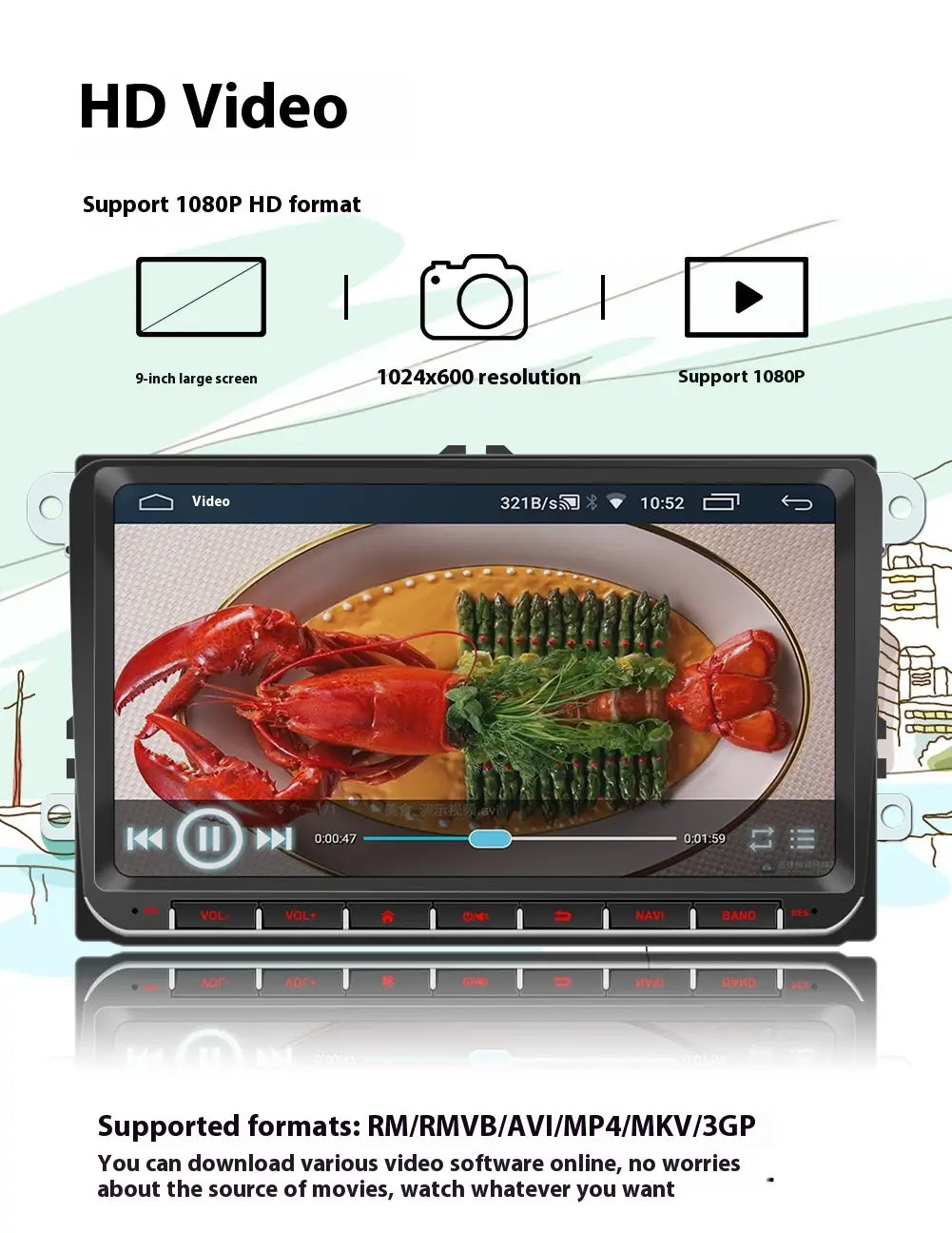 Black 9-inch android car bluetooth gps navigation integrated video player with red-lit control buttons and sleek modern design.