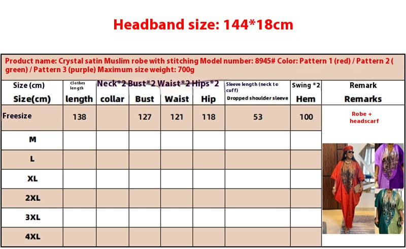 Size chart for plus size ethnic style loose dress showing free size measurements.