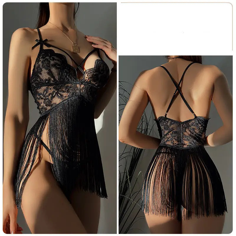 black lace fashion lace sling night skirt suit featuring a bodysuit with fringed hem and crossed back straps shown from the back side