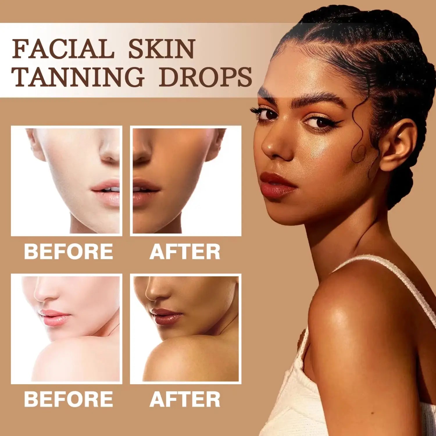 facial skin tanning drops in a sleek minimalist transparent bottle with a dropper applicator for use as a tanning face serum and skin repair face serum.