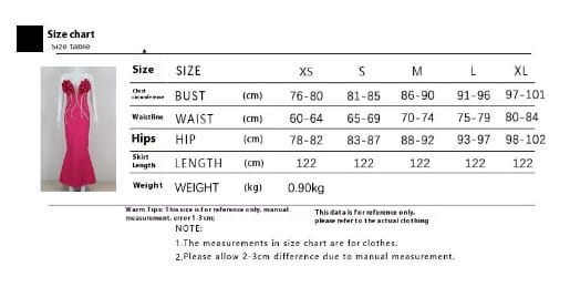 The size chart for the white temperament socialite flower chain evening dress features a vibrant pink sleeveless dress with thin straps and a fitted silhouette.