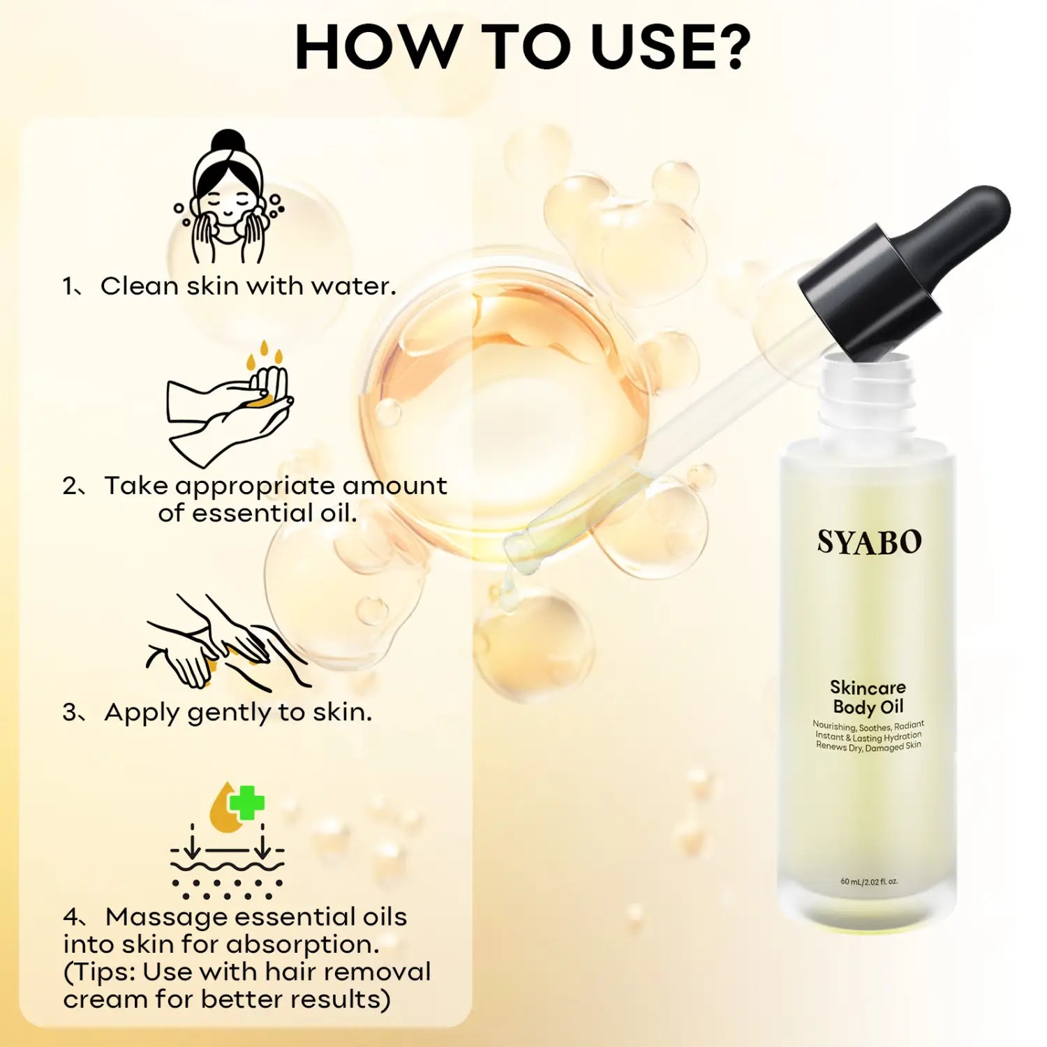 A clear glass bottle of Syabo skincare body care essential oils with a black dropper cap containing light yellow liquid.