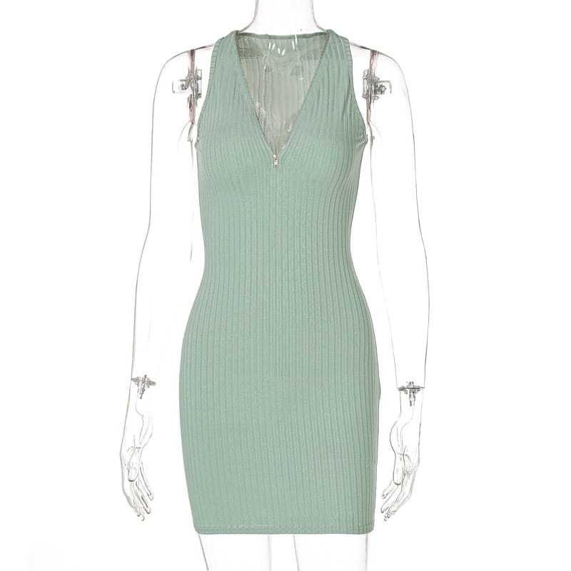 A sleek mint green ribbed women stripe knitted sleeveless dress featuring a plunging v-neckline and subtle front zipper detail.
