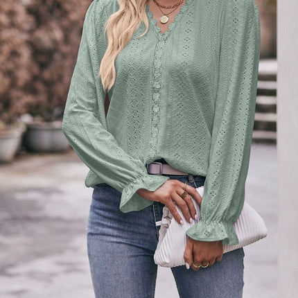 Ladies' Solid Color V-neck Lace Sleeves Fashionable Versatile Shirt - Royalessencelux