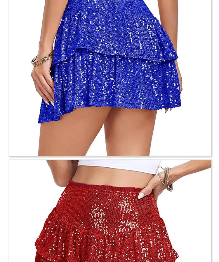 A vibrant red two tiered sequin dance skirt featuring blue and red sequins with a ruffled hemline designed for performance sequin dance events.