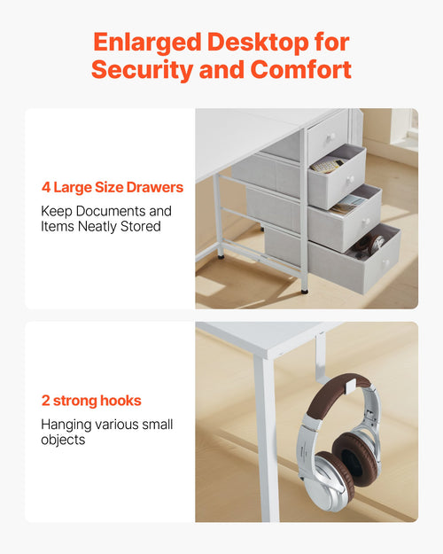 White 47 inch reversible computer desk with 4 fabric drawers – view 2