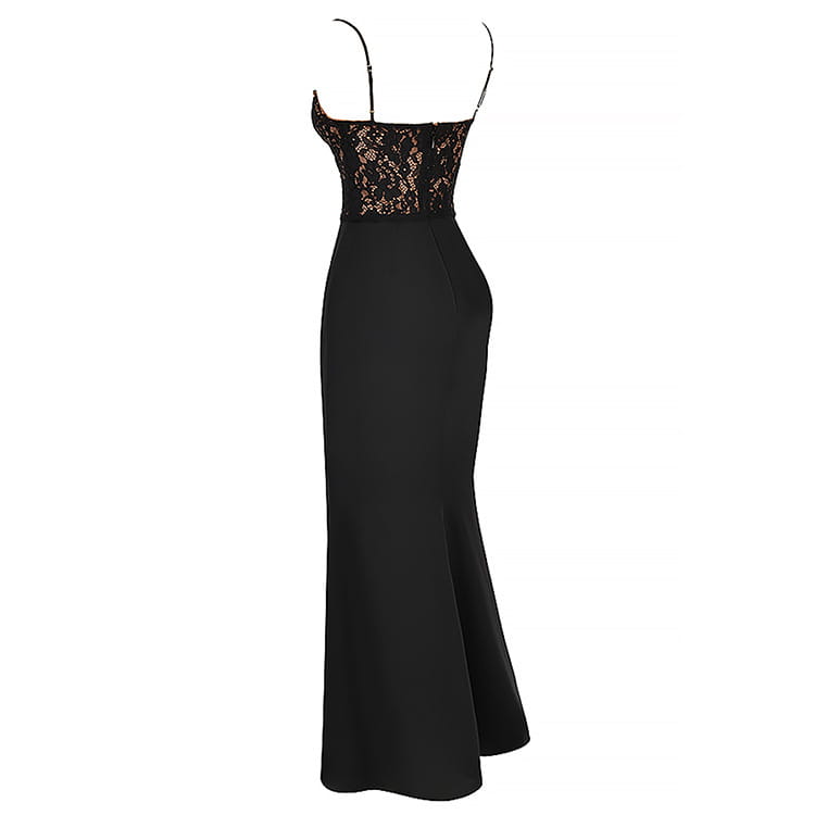 Black lace high waist mermaid gown with a lace bodice and thin spaghetti straps in black color.