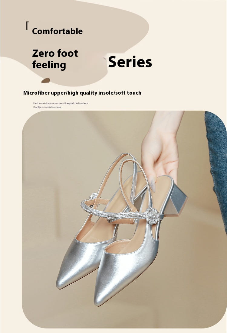Silver microfiber pointed toe mules with a clear chunky heel and decorative silver strap detail alongside rose gold satin pointed toe high heels with chunky heel.