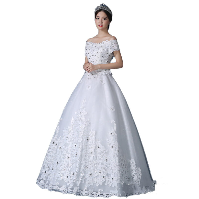 White off-the-shoulder ball gown with intricate lace detailing and beaded embellishments made from main fabric by qidi studio wholesale for elegant wedding occasions.