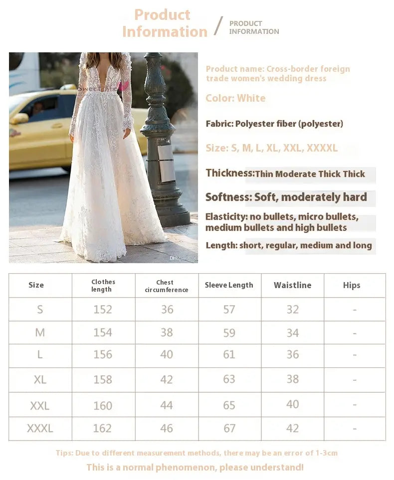 A white long sleeve wedding dress lace gown made of polyester fiber featuring intricate lace detailing and a flowing silhouette.