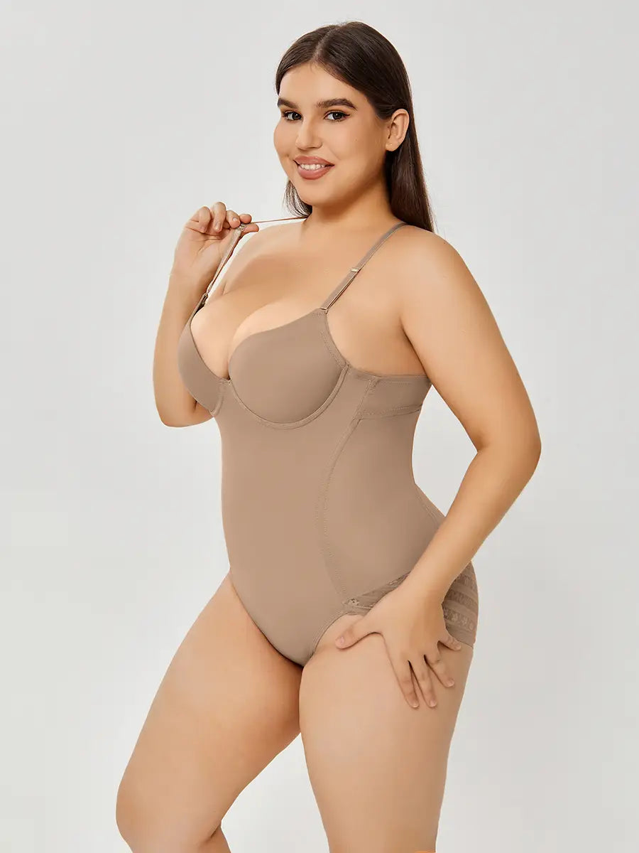 Beige plus size bodycon bodysuit with thin shoulder straps and a seamless design offering ultra firm control as a firm control body shaper swimsuit.
