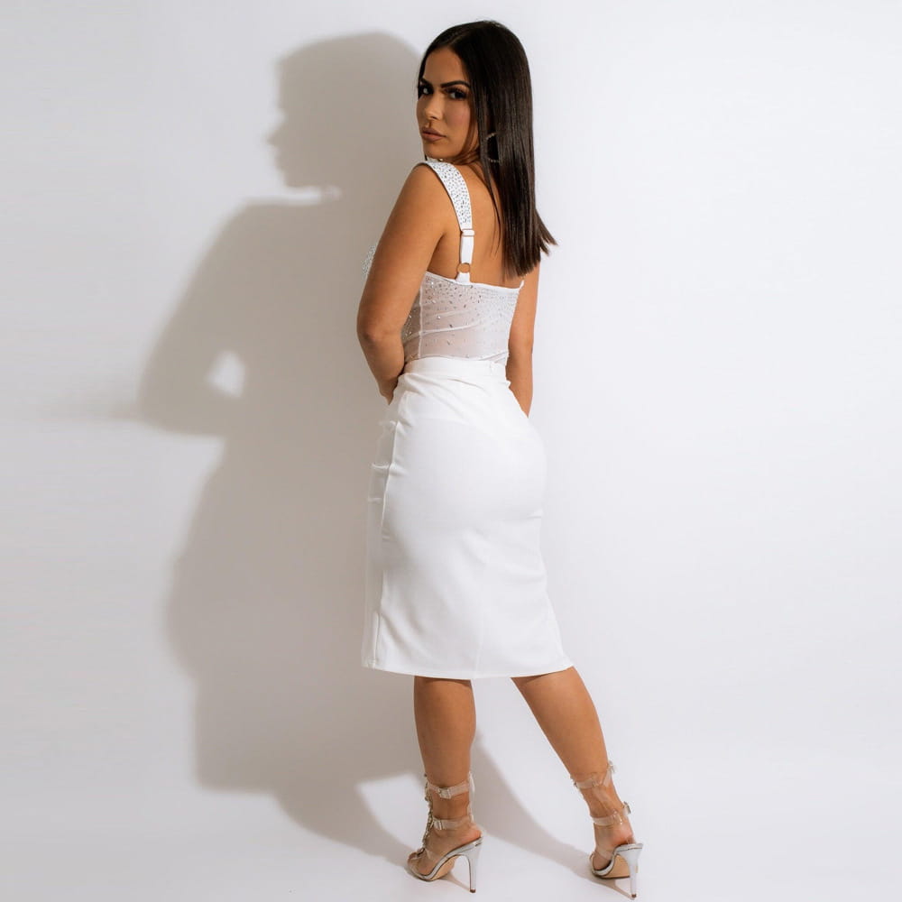 white lace and mesh rhinestone sling backless midi dress with a fitted bodice and smooth skirt from a set two colors