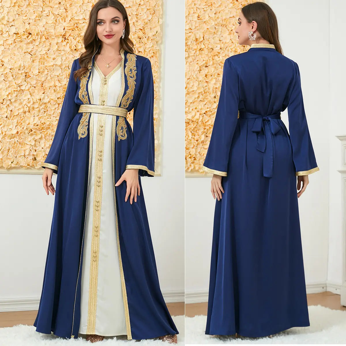A navy blue and cream-colored embroidered abaya featuring gold thread detailing on the front, sleeves, and belt, designed as a foreign trade dress.