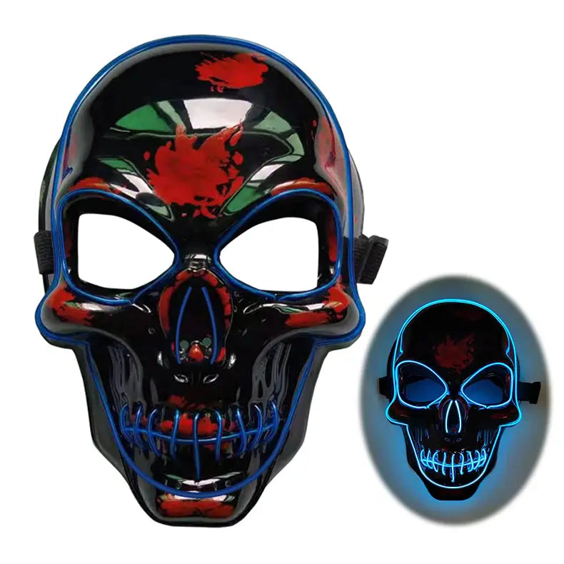 pink neon halloween skeleton mask led glow featuring a glowing led skull mask with black glossy finish, red and green splatter accents, and blue neon lighting outlining the eyes, nose, and teeth for a striking skeleton mask led effect.