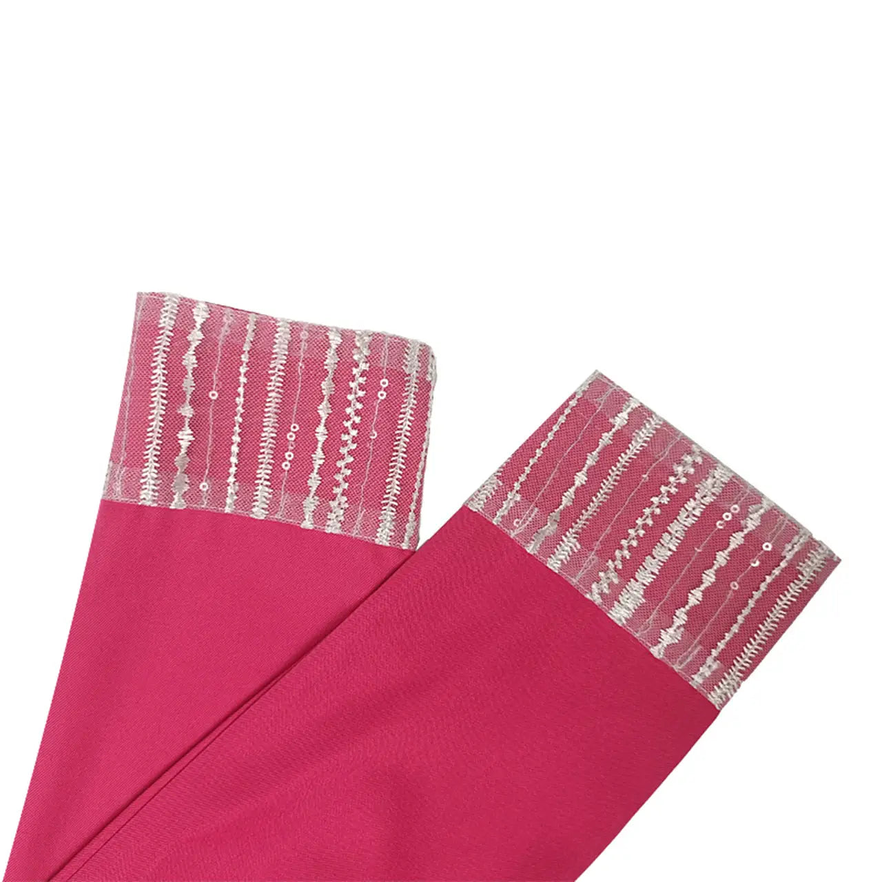 fuchsia-colored leggings with delicate white lace trim at the cuffs complementing a rose red suit collar embellished wrap dress.