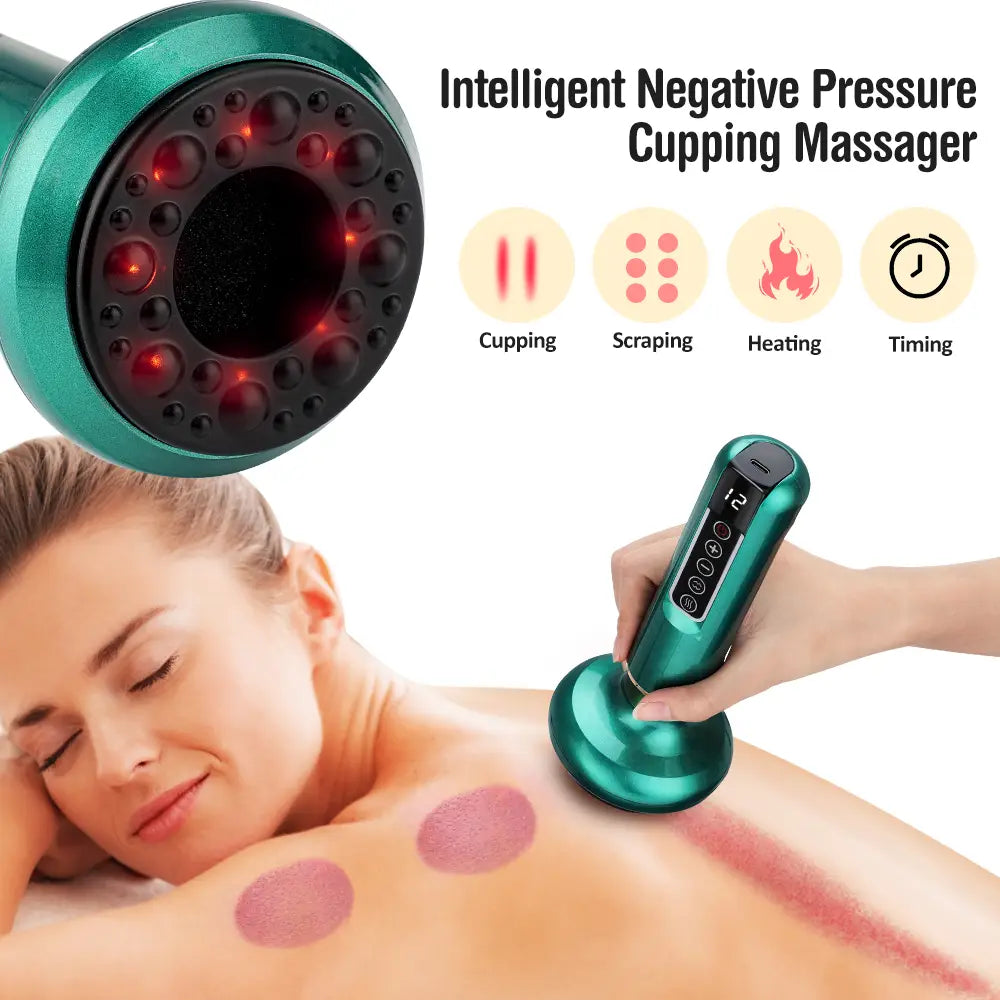 Teal-colored electric vacuum cupping massager with red led lights and a digital control panel for gua sha and massage therapy.
