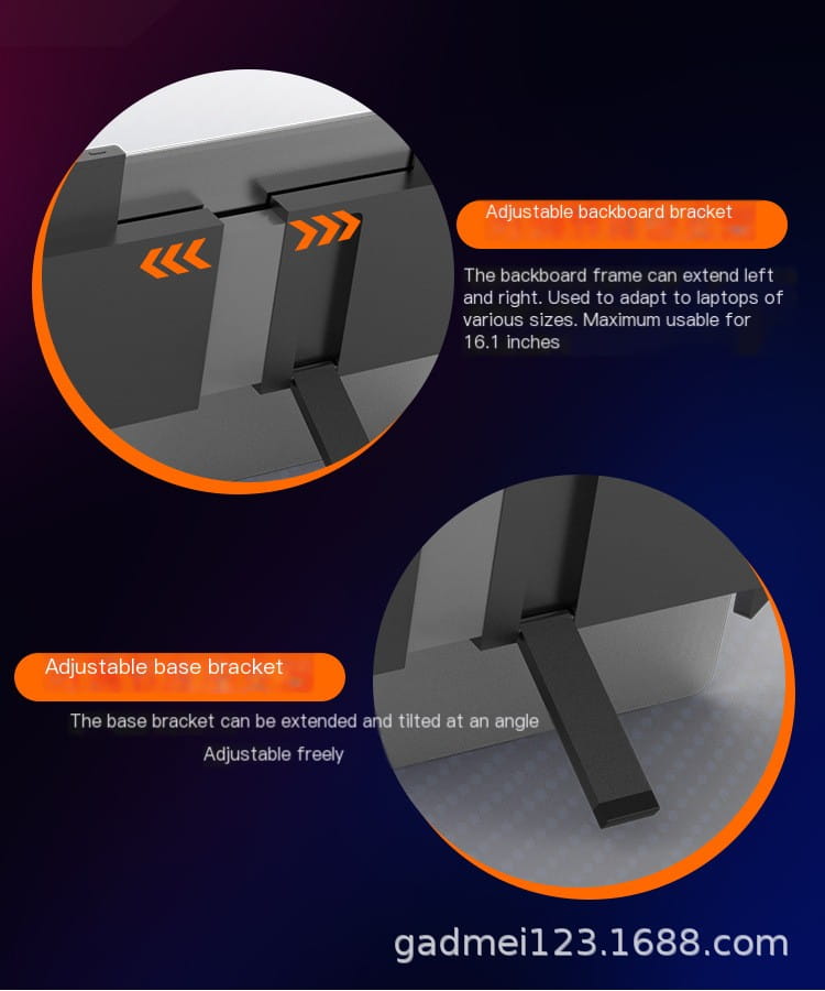 black adjustable laptop stand with extendable backboard and base brackets designed for 16.1 inch laptops compatible with 14 inch dual screen portable monitor and screen portable monitor setups.