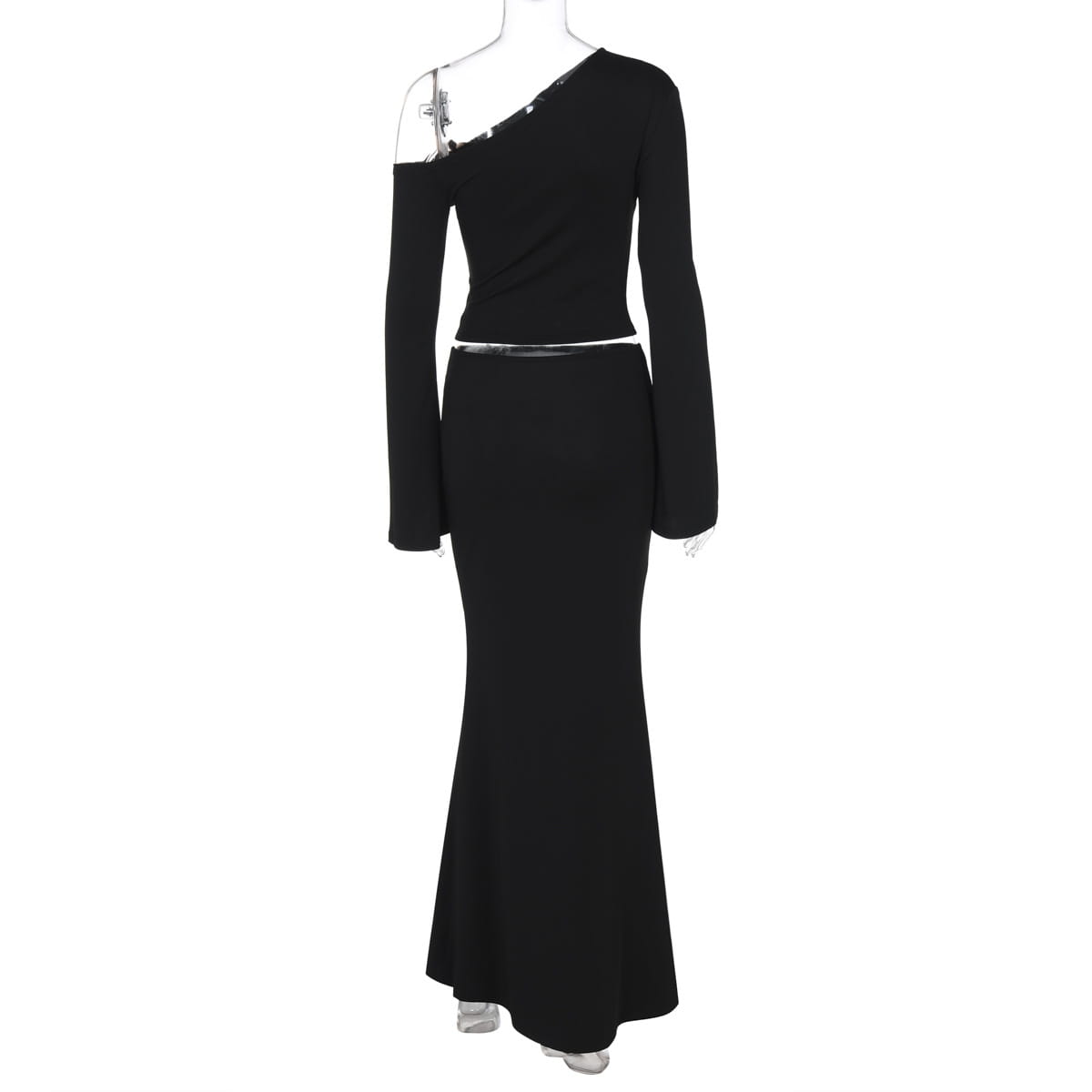 black sexy slim oblique shoulder mermaid dress featuring one long bell sleeve and a silver metallic belt