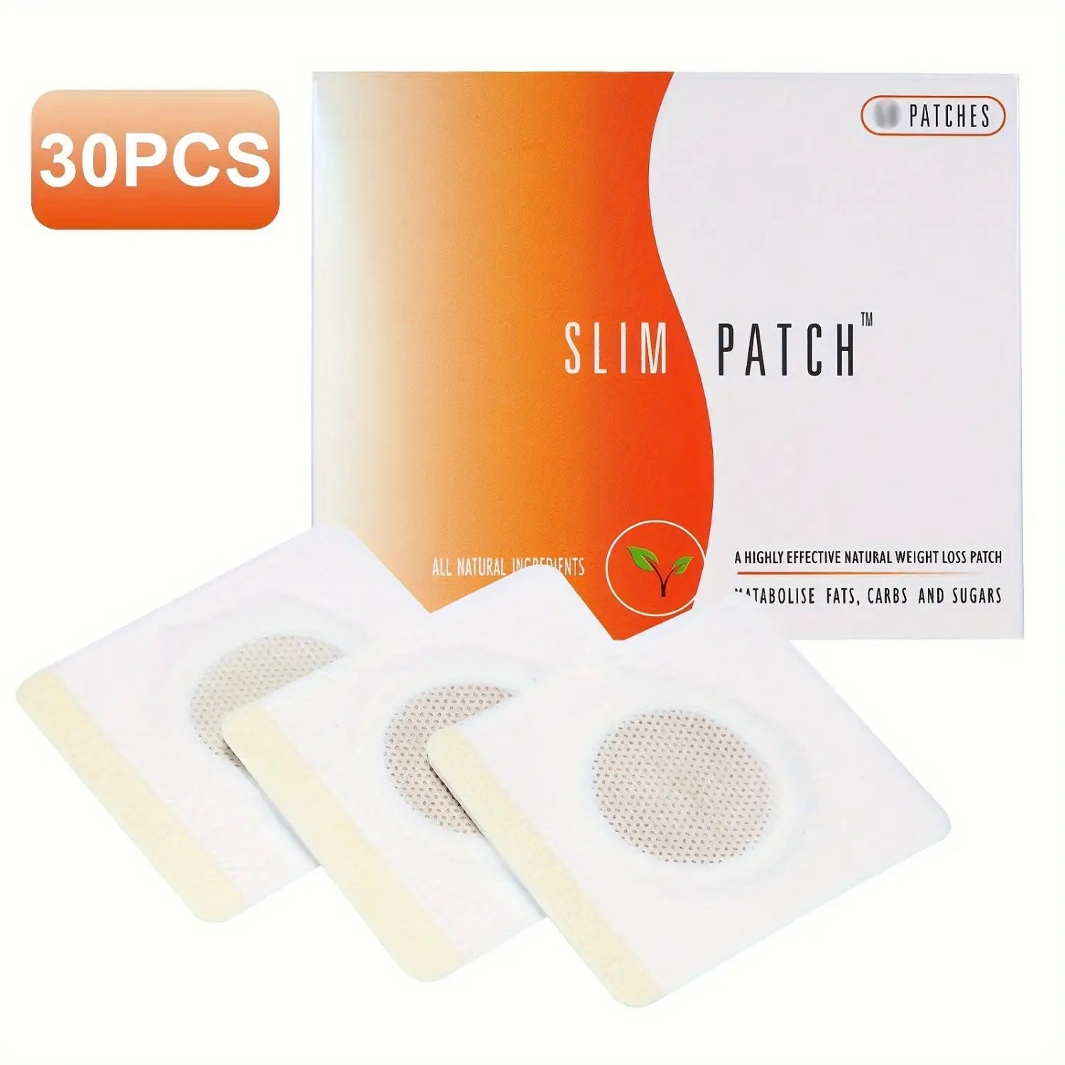 white slimming navel belly button patch with a circular mesh design packaged in an orange and white box labeled slim patch for button patch slimming use.
