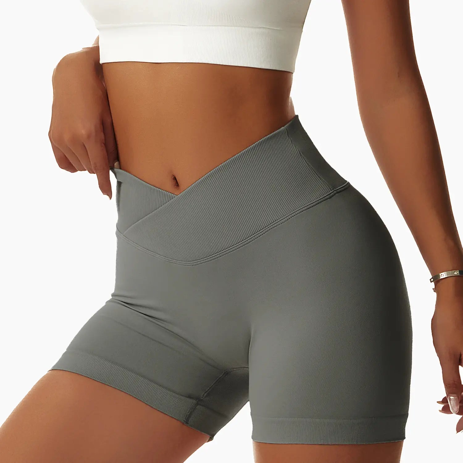 Gray high-waisted tight seamless sports shorts with a ribbed waistband and seamless construction for optimal comfort and performance.