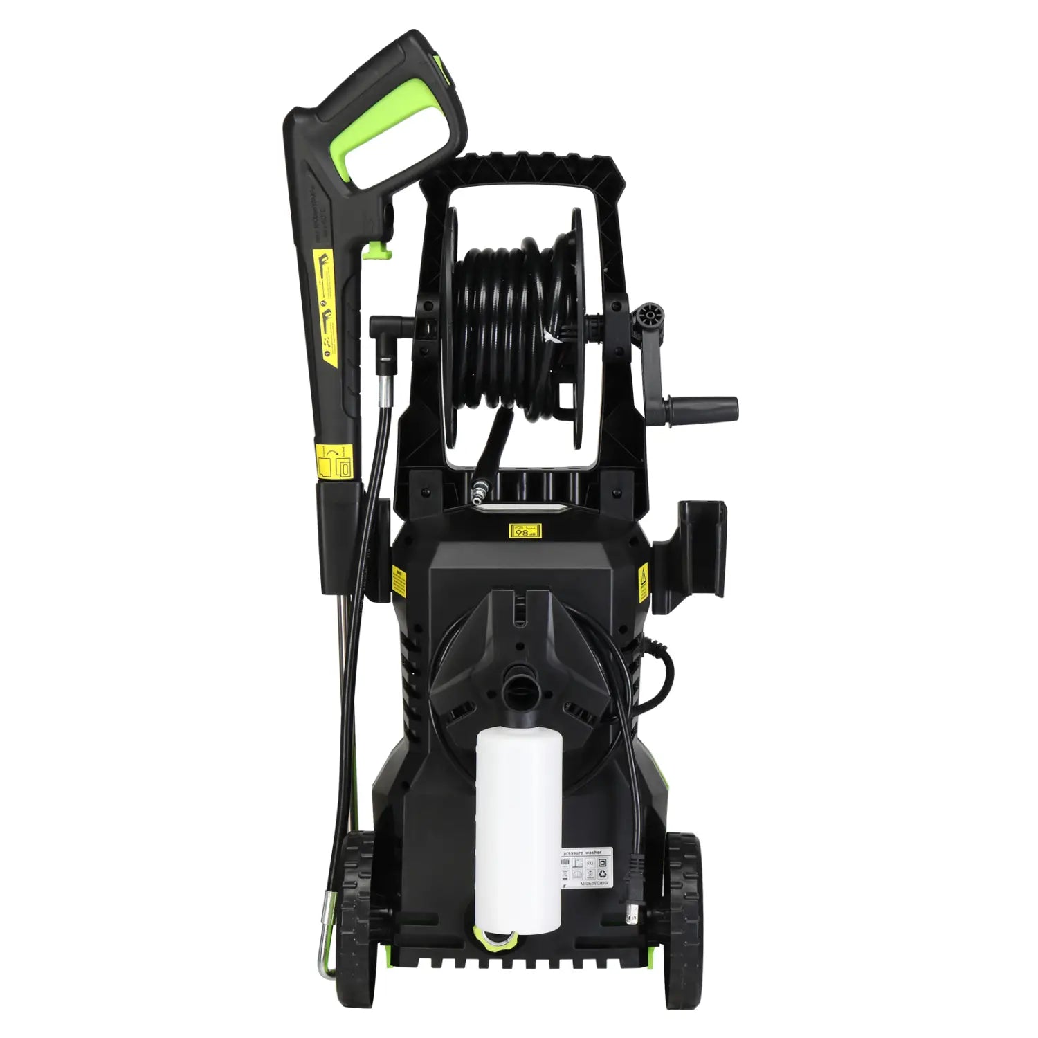 Green and black high pressure cleaner with coiled hose, wheels for mobility, and white water tank designed for effective pressure cleaning.