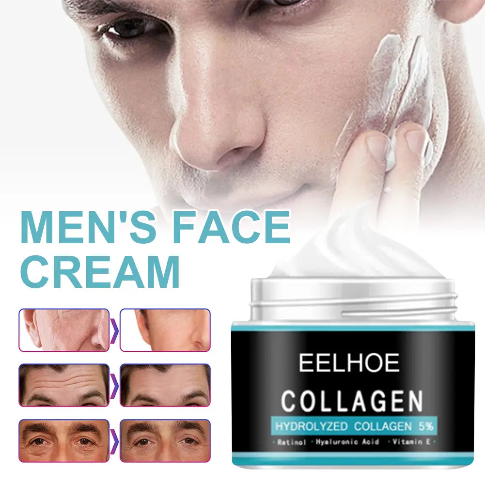 a black and teal labeled jar of eelhoe collagen face cream with a silver lid designed for men’s moisturizing nourishing skin care