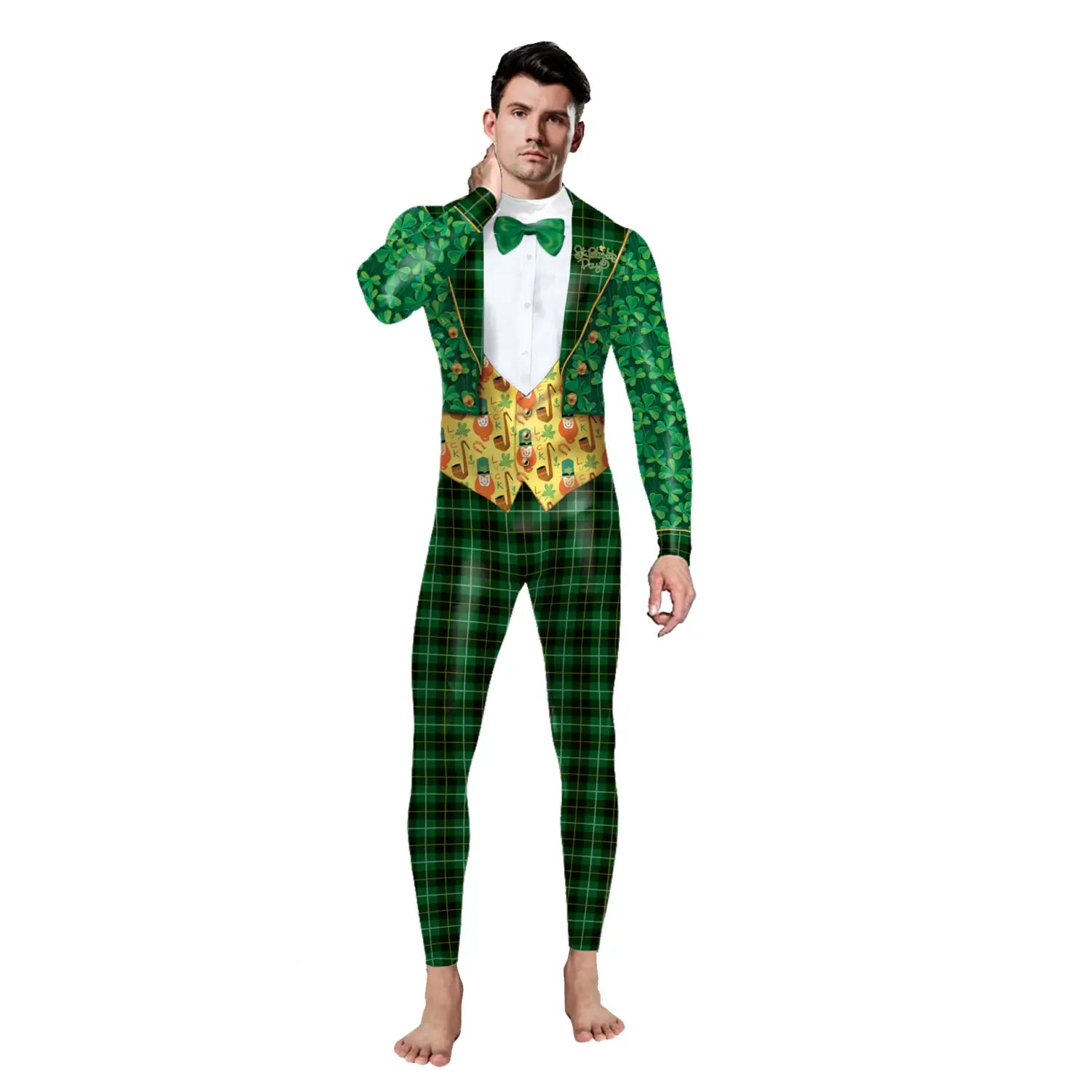 green plaid st jumpsuit with st patricks day green bow digital print featuring bow digital print design for festive wear