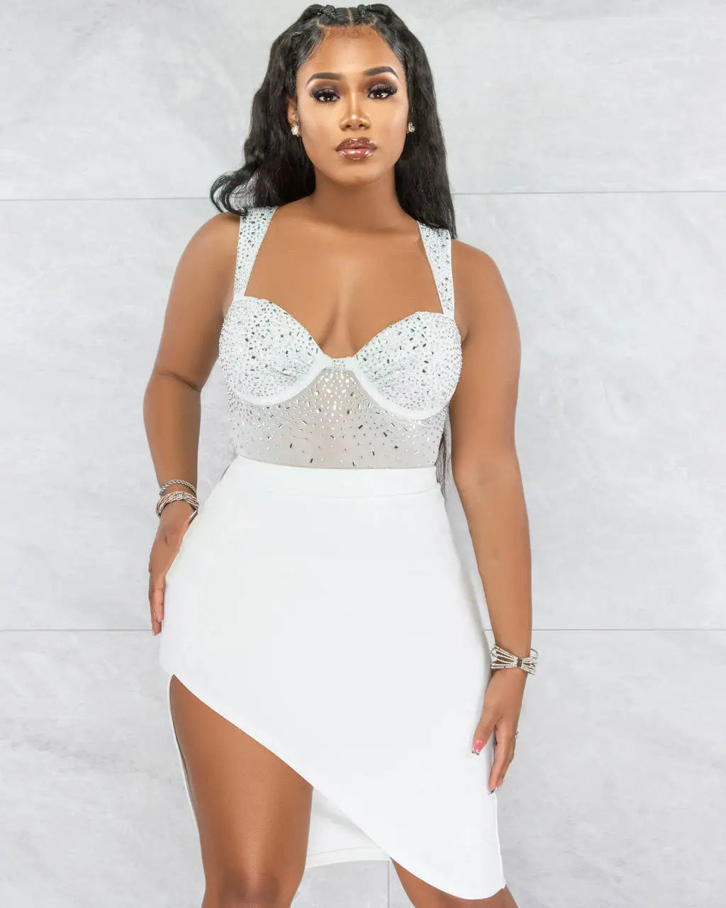 white sequined bodice top with a high slit skirt in a rhinestone sling backless two-piece set two colors.