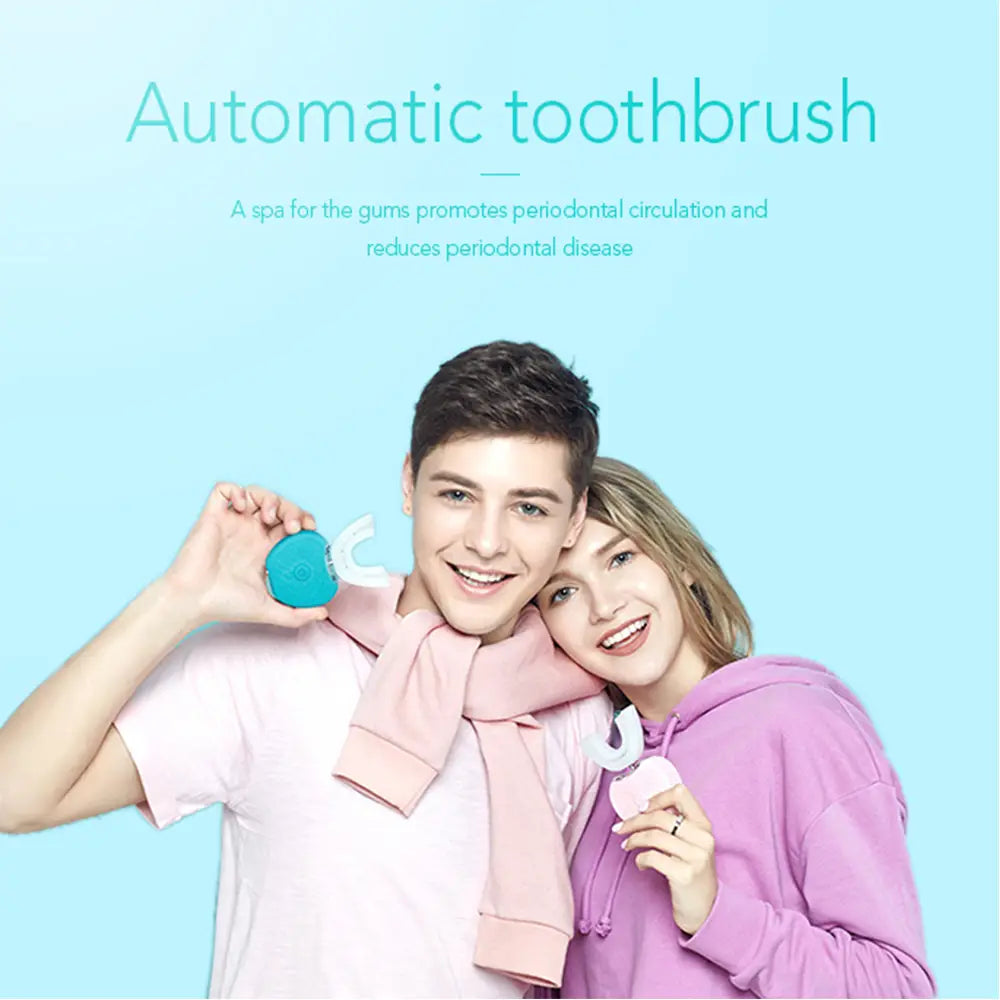 teal circular ultrasonic electric toothbrush with automatic tooth cleaner feature and matching clear plastic mouthguard holder for oral hygiene storage