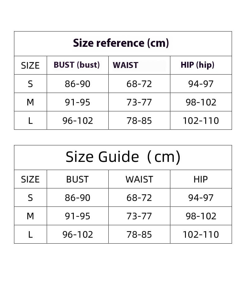 Size reference and size guide tables for the floral chiffon polyester printed one piece swimsuit set displaying measurements in centimeters for sizes s, m, and l.