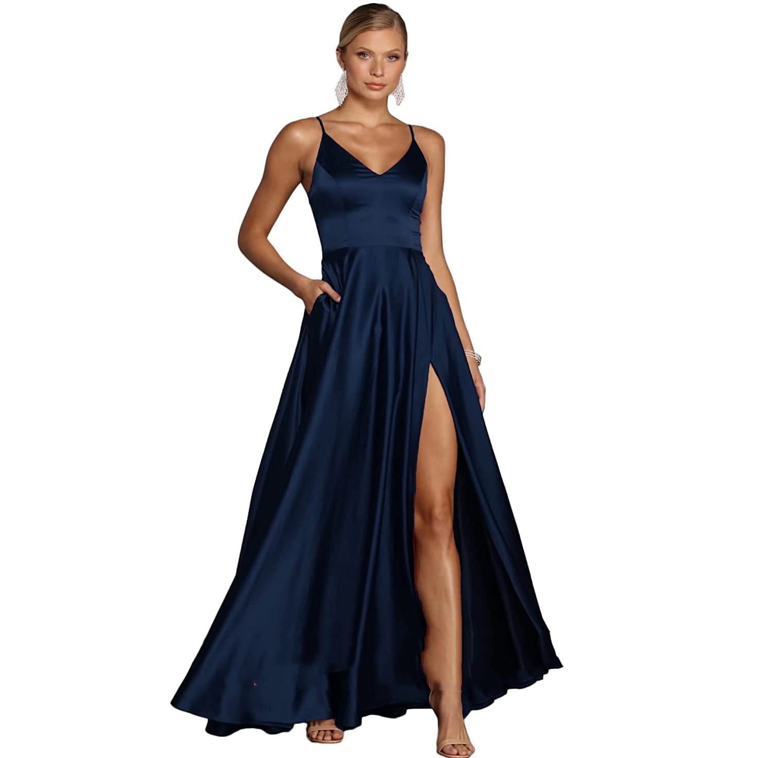 A navy satin temperament long dress featuring a v-neckline and high slit, designed as a versatile casual temperament dress.
