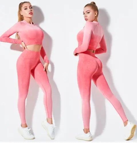 women’s seamless gradient long sleeve yoga set featuring a pink gradient long-sleeve crop top and matching seamless gradient leggings designed for activewear.