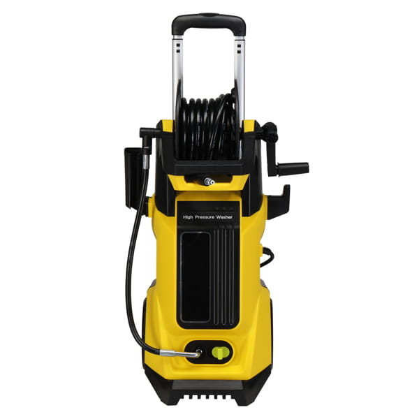 Yellow high pressure cleaning machine with hose reel features a portable black and yellow pressure cleaning machine with a coiled hose, handle, and control panel for efficient high pressure use.